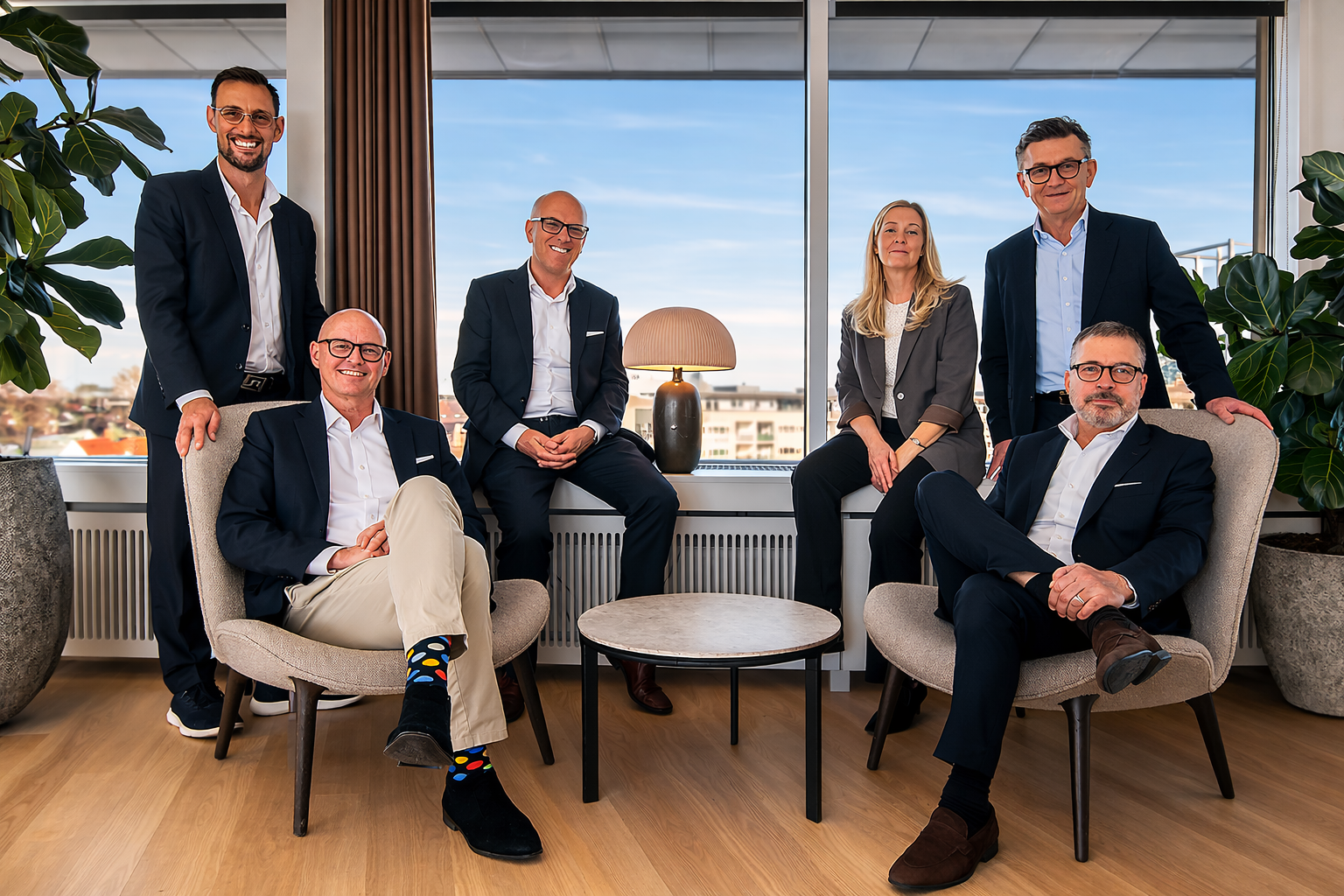 The Nyberg Group team gathered in a bright office with floor-to-ceiling windows overlooking the city